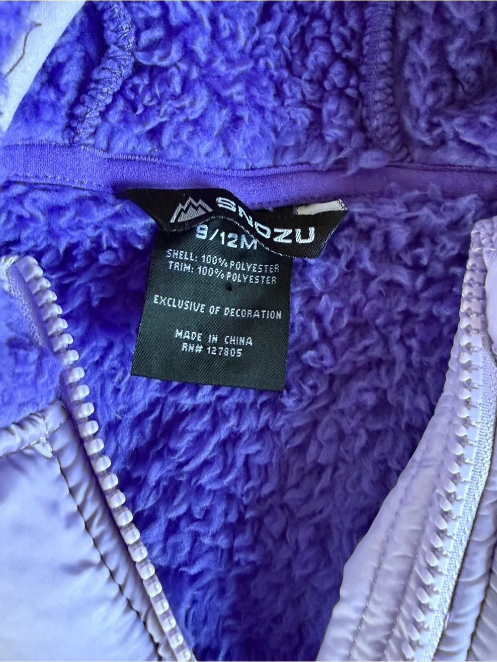 Snozu Purple Fleece Baby Bunting Snowsuit 9-12 Months Fold Over Cuffs